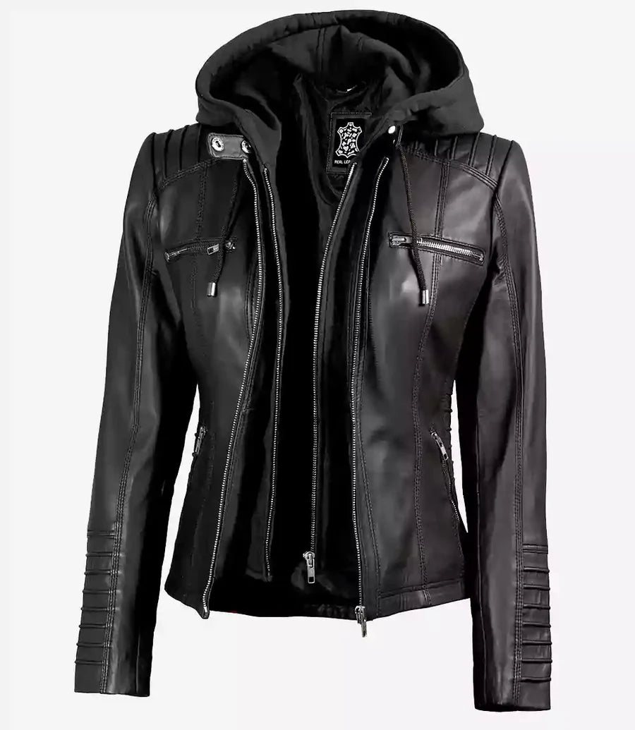 Women's Black Leather Jacket With Removable Hood